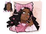  ... 1girl black_hair blush bow braid brooch brown_eyes commentary dark-skinned_female dark_skin derivative_work dress english_commentary fingernails hair_bow heart heart_brooch jewelry lips lolita_fashion long_eyelashes long_fingernails long_hair long_sleeves looking_up original parody pearl_hair_ornament pink_bow pink_dress pink_lips pout reference_inset ring screenshot_redraw sleeves_past_wrists solo spoken_ellipsis thinking twitter_username vxmpiricnoir wojak 