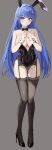  1girl absurdres animal_ears arcana_(nikke) ass_visible_through_thighs bare_shoulders black_bow black_bowtie black_garter_straps black_leotard black_thighhighs blue_eyes blue_hair blush bow bowtie breasts cleavage commentary_request detached_collar fake_animal_ears fishnet_thighhighs fishnets full_body garter_straps goddess_of_victory:_nikke hair_ornament high_heels highres keystone_(costone) large_breasts leotard long_hair looking_at_viewer playboy_bunny rabbit_ears simple_background solo thighhighs very_long_hair white_wrist_cuffs wrist_cuffs 