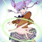  blue_eyes bow hair_bow hair_ornament jacket magic_circle miniskirt open_mouth outstretched_arm purple_hair quad_tails skirt sudou_cecil wizard_barristers:_benmashi_cecil yazwo 