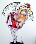  1girl back_bow blonde_hair bow collared_shirt commentary_request crystal crystal_wings flandre_scarlet frilled_shirt_collar frilled_skirt frills full_body hat hat_bow hugging_doll hugging_object kokechankokko leaning_forward looking_at_viewer mob_cap multicolored_wings one_side_up open_mouth red_bow red_eyes red_skirt red_vest shadow shirt simple_background skirt skirt_set smile socks solo stuffed_animal stuffed_toy stuffing teddy_bear touhou vest white_background white_bow white_hat white_shirt white_socks wings 
