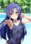 1girl absurdres armpits blue_hair blue_one-piece_swimsuit blush breasts brown_eyes closed_mouth commentary_request covered_navel day highres idolmaster idolmaster_(classic) kisaragi_chihaya long_hair looking_at_viewer new_school_swimsuit one-piece_swimsuit outdoors outstretched_arm pout raised_inner_eyebrows sanami_(sanami_t_38) school_swimsuit small_breasts solo swimsuit upper_body 