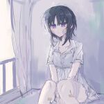  1girl bandaged_arm bandages bandaid bandaid_on_face black_hair bridal_gauntlets bukejie closed_mouth collarbone collared_dress commentary_request curtains dress expressionless highres housho_margo mahou_shoujo_no_majo_saiban parted_bangs purple_eyes short_hair sitting solo spoilers upper_body white_dress 
