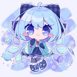  1girl absurdres black_gloves black_skirt black_thighhighs blue_bow blue_dress blue_hair boots bow chibi cirno cirno_day commentary_request detached_wings dress fairy fairy_wings food frozen gloves hair_bow highres ice ice_cream ice_wings inukkomaru pinafore_dress skirt sleeveless sleeveless_dress solo thighhighs touhou wide_sleeves wings 