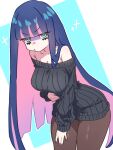  1girl alternate_costume bare_shoulders black_sweater blue_background blue_eyes blue_hair blunt_bangs blunt_ends breasts brown_pantyhose cleavage collarbone commentary eyelashes hand_on_own_chest highres large_breasts long_hair looking_at_viewer multicolored_hair nail_polish off-shoulder_sweater off_shoulder panty_&amp;_stocking_with_garterbelt pantyhose pink_hair pout purple_nails solo stocking_(psg) sweater two-tone_background two-tone_hair white_background xxskreamlo87809 