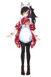  1girl alternate_hairstyle animal_ear_fluff animal_ears black_hair floral_print full_body glasses highres hololive izumi_sai japanese_clothes long_hair maid_headdress multicolored_hair official_alternate_costume official_art ookami_mio ookami_mio_(new_year) pantyhose ponytail red_streaks round_eyewear simple_background solo streaked_hair tachi-e tail tail_around_own_leg tail_wrap transparent_background virtual_youtuber wolf_ears wolf_girl wolf_tail 