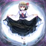  1girl ascot black_shoes black_skirt black_vest blonde_hair collared_shirt commentary_request frilled_skirt frills full_body hair_ribbon highres holding_own_skirt long_sleeves mangetsu_(yayoi) open_mouth red_ascot red_eyes red_ribbon ribbon rumia shirt shoes skirt skirt_set smile socks solo teeth touhou upper_teeth_only vest white_shirt white_socks 