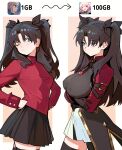  2girls ;( alt_text app_icon asymmetrical_legwear black_gloves black_hair black_pantyhose black_ribbon black_skirt black_thighhighs breast_expansion breast_size_difference breasts closed_mouth commentary covered_nipples distr dual_persona english_commentary fate/stay_night fate_(series) frown gloves green_eyes hair_ribbon hands_on_own_hips highres honkai:_star_rail honkai_(series) large_breasts long_hair long_sleeves multiple_girls one_eye_closed pantyhose pleated_skirt red_shirt ribbon rin's_pendant_(fate) shirt single_leg_pantyhose single_thighhigh skirt small_breasts thighhighs thighs tohsaka_rin tohsaka_rin_(honkai:_star_rail) two_side_up white_skirt zettai_ryouiki 