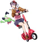  blue_eyes blush boots bow bowtie frog ground_vehicle helmet jacket looking_back miniskirt motor_vehicle motorcycle open_mouth purple_hair ribonzu skirt solo sudou_cecil twintails wizard_barristers:_benmashi_cecil 