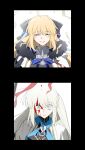  2girls aesc_(fate) aesc_(savior)_(fate) age_comparison armor black_gloves blonde_hair blue_eyes closed_eyes closed_mouth commentary confetti facing_viewer fate/grand_order fate_(series) fur_trim gloves hgdh369369 highres looking_at_viewer morgan_le_fay_(fate) morgan_le_fay_(queen_of_winter)_(fate) multiple_girls open_mouth serious sidelocks smile spikes untranslatable_commentary white_hair 