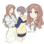  2girls bang_dream! bang_dream!_it's_mygo!!!!! blue_eyes brown_hair closed_eyes frilled_shirt frills gold_necklace grey_hair guagua977 hamster jewelry light_blush long_hair long_skirt multiple_girls nagasaki_soyo necklace red_eyes shirt short_hair short_shorts shorts skirt sweatdrop takamatsu_tomori white_background 