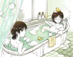  2girls bath bathroom bathtub bubble chainsaw_man commentary convenient_censoring highres knife looking_to_the_side mitaka_asa multiple_girls pt_sasa12 rubber_duck scar scar_on_cheek scar_on_face shared_bathing soap_bubbles tile_floor tiles untranslatable_commentary yoru_(chainsaw_man) 