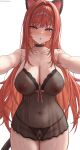  1girl animal_ears babydoll bare_arms bare_shoulders black_babydoll black_choker black_nightgown black_panties breasts choker cleavage collarbone come_hither commentary_request dot_nose fake_animal_ears goddess_of_victory:_nikke groin highres kinoko_kun large_breasts lingerie long_hair looking_at_viewer navel nightgown nipples official_alternate_costume outstretched_arms pajamas panties pubic_hair pussy rapi_(nikke) rapi_(red_hood)_(cherished_red)_(nikke) rapi_(red_hood)_(nikke) reaching reaching_towards_viewer red_eyes red_hair see-through_clothes see-through_nightgown solo spaghetti_strap stomach underwear very_long_hair 