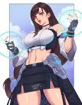  1girl absurdres artist_name breasts commentary crop_top detached_sleeves english_commentary final_fantasy final_fantasy_vii final_fantasy_vii_remake final_fantasy_vii_revelation fingerless_gloves gloves glowing_hands highres large_breasts long_hair low-tied_long_hair luchidart miniskirt official_alternate_costume open_mouth skirt solo thighs tifa_lockhart tifa_lockhart_(black_mage) toned toned_female watermark 