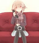  :&lt; blonde_hair corded_phone couch looking_away pantyhose phone red_eyes short_hair sitting skirt sleeves_past_wrists solo turtleneck urotsuki yami_(yamitukiyoru) yume_2kki 