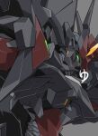  beastkingbarbaros close-up commentary_request glowing glowing_eyes green_eyes grey_background horns mecha mecha_focus no_humans original robot science_fiction signature simple_background single_horn upper_body v-fin 