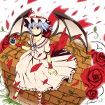  1girl bat_wings blue_flower blue_hair blue_rose brooch closed_mouth commentary_request falling_petals flower hat hat_ribbon holding holding_flower jewelry leg_ribbon mangetsu_(yayoi) mob_cap petals pink_hat pink_shirt pink_skirt red_eyes red_flower red_petals red_ribbon red_rose red_shoes red_wrist_cuffs remilia_scarlet ribbon rose shirt shoes sitting skirt skirt_set solo touhou wings wrist_cuffs 
