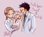  1girl 2boys ^_^ beard black_hair blush braid braided_ponytail brown_hair carrying carrying_person closed_eyes commentary_request facial_hair family glasses hand_in_pocket hat highres lab_coat law's_father_(one_piece) law's_mother_(one_piece) magu_pink mixed-language_commentary multiple_boys one_piece simple_background smile trafalgar_law 