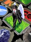  1boy :| absurdres aegyo_sal angel arms_behind_back bags_under_eyes black_coat black_hair black_vest closed_mouth cloud coat collared_shirt commentary feathered_wings from_above full_body grass halo highres korean_commentary limbus_company looking_to_the_side male_focus necktie portrait_(object) project_moon red_necktie scenery shirt short_hair solo traditional_halo vest walking white_shirt white_wings wings yi_sang_(project_moon) yongsadragon 