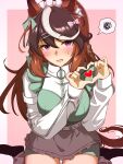  1girl absurdres animal_ears apron blush bow breasts brown_hair commentary_request ear_bow ema_love_rudolf frilled_apron frills green_jacket hair_between_eyes heart heart_hands highres horse_ears horse_girl horse_tail jacket jersey_maid large_breasts long_hair long_sleeves looking_at_viewer maid maid_apron maid_headdress multicolored_hair open_mouth purple_eyes sitting streaked_hair sweatdrop symboli_rudolf_(umamusume) tail track_jacket umamusume unconventional_maid wariza white_apron white_hair white_headdress 