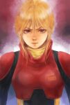  1girl black_bodysuit blue_eyes bodysuit closed_mouth commentary frown gundam gundam_zz highres light_frown looking_at_viewer mecha_pilot_suit multicolored_bodysuit neo_zeon normal_suit_(gundam) orange_hair puru_two red_bodysuit science_fiction serious short_hair sidelocks solo takeda_yuuko upper_body v-shaped_eyebrows 