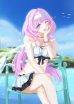  1girl :o ;o absurdres bikini blue_eyes blue_sky breasts chair commentary crossed_legs elysia_(honkai_impact) elysia_(miss_pink_elf)_(honkai_impact) elysia_(summer_miss_elf)_(honkai_impact) hairband highres honkai_(series) honkai_impact_3rd jewelry long_hair medium_breasts medium_hair necklace ocean official_alternate_costume on_chair one_eye_closed pink_hair riquoria shell shell_necklace skirt sky smile solo stomach swimsuit very_long_hair white_bikini white_hairband white_skirt 