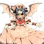  1girl bat_wings blue_hair bow bowtie brooch commentary_request hat hat_ribbon holding_own_skirt jewelry looking_at_viewer mangetsu_(yayoi) medium_hair mob_cap open_mouth petals pink_hat pink_petals pink_shirt pink_skirt puffy_short_sleeves puffy_sleeves red_bow red_bowtie red_eyes red_wrist_cuffs remilia_scarlet ribbon shirt short_sleeves skirt skirt_basket skirt_set smile solo touhou wings wrist_cuffs 