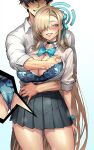  1boy 1girl absurdres asuna_(blue_archive) asuna_(school_uniform)_(blue_archive) black_hair blonde_hair blue_archive blue_bow blue_bowtie blue_bra blue_eyes blue_halo blue_panties blush bow bow_bra bowtie bra breasts choker cleavage commentary commission grabbing_another's_breast grey_pants grey_skirt grin groping hair_over_one_eye hair_ribbon halo hand_in_another's_bra hand_in_bra heart heart-shaped_pupils highres large_breasts long_hair mole mole_on_breast panties pants pleated_skirt pussy_juice ribbon rioliogiz sensei_(blue_archive) shirt short_hair skirt sleeves_rolled_up smile symbol-shaped_pupils thighs underwear untranslatable_commentary very_long_hair white_shirt 