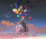  1girl ahoge baguette balloon black_boots black_shirt black_sleeves black_thighhighs boots bread chinese_commentary cloud commentary crescent crescent_moon detached_sleeves drill_hair floating food hair_between_eyes in_shopping_cart kasane_teto kasane_teto_(utau) kieed lifted_by_balloons long_sleeves medium_hair moon night outdoors pearto red_eyes red_hair red_trim shirt shopping_cart sitting sky sleeveless sleeveless_shirt solo star_(sky) starry_sky thigh_boots thighhighs too_many_balloons twin_drills utau 