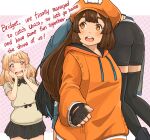  1boy 2girls ass blonde_hair blush bridget_(guilty_gear) brown_hair carrying_over_shoulder commentary english_commentary english_text guilty_gear guilty_gear_strive heart heart-shaped_pupils highres jacket long_hair may_(guilty_gear) multiple_girls saliva shorts sugajyun symbol-shaped_pupils thighhighs trap unika_(guilty_gear) 