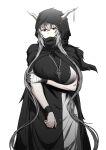  1girl absurdres arknights arm_under_breasts bandaged_hand bandages black_hood breasts commentary english_commentary grey_hair highres horns horns_through_hood irkawaza jewelry large_breasts long_hair necklace red_eyes shining_(arknights) solo white_background white_horns 