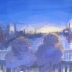 2boys blue_theme bridge cityscape commentary_request crane_(machine) crossed_arms digimon digimon_beatbreak earrings handrail hendiadycoin jewelry lake long_sleeves looking_at_another looking_down male_focus multiple_boys necklace painterly sawashiro_kyo shirt shorts sunrise tenma_asuka watch wristwatch yaoi 