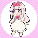  1girl :3 :d barefoot blunt_bangs blunt_sidelocks blush bow bowtie chibi chibi_only commentary_request dress full_body hair_bow heart heart-shaped_pupils long_hair nise_dorothia open_mouth original pink_bow pink_bowtie pink_hair purple_eyes short_sleeves sidelocks smile solo standing standing_on_one_leg symbol-shaped_pupils thick_eyebrows white_dress 