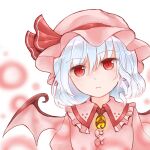  1girl bat_wings blue_hair brooch closed_mouth collared_shirt commentary_request danmaku frilled_shirt_collar frills hat hat_ribbon jewelry looking_at_viewer mangetsu_(yayoi) mob_cap pink_hat red_eyes remilia_scarlet ribbon shirt simple_background solo touhou upper_body white_background wings 