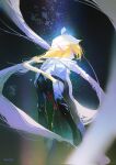  1girl bandaged_head bandages blonde_hair blue_bodysuit bodysuit commentary covered_mouth fldwpfdorlskgdk from_behind highres korean_commentary pointy_ears sheik solo standing the_legend_of_zelda the_legend_of_zelda:_ocarina_of_time 