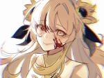  1girl blonde_hair blood blood_on_face blush chromatic_aberration closed_eyes closed_mouth commentary crazy_eyes crazy_smile dress english_commentary eyes_visible_through_hair flower grey_eyes grey_hair hair_flower hair_ornament heterochromia highres isekaijoucho kamitsubaki_studio long_hair looking_at_viewer multicolored_hair portrait red_eyes shrug_(clothing) simple_background smile solo suikakahi two-tone_hair virtual_youtuber white_background white_shrug yellow_dress yellow_flower 