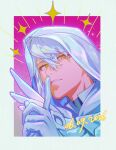  1boy abi_(no.129) aqua_border border commentary dated english_commentary finger_to_mouth fire_emblem fire_emblem:_fortune's_weave highres hood hood_up looking_at_viewer male_eshmel_(fire_emblem) male_focus smile solo sparkle upper_body white_hair 