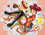  1girl argyle_clothes argyle_kimono bag black_bag black_boots bloomers blue_bow boots bow cake candy candy_wrapper commentary_request commission crepe drawstring drawstring_bag earrings eclair_(food) food fruit fruit_tart full_body green_thighhighs hair_bow highres holding holding_stuffed_toy ice_cream_crepe japanese_clothes jewelry kimono lace-up_boots lollipop looking_at_viewer omelet omurice open_mouth orange_eyes orange_kimono plate red_hair romancing_saga_3 saga short_hair skeb_commission smile solo souffle_(food) spoon star_(symbol) star_earrings strawberry stuffed_animal stuffed_toy swirl_lollipop tart_(food) tatyana_(romancing_saga) teddy_bear thigh_boots thighhighs tri_tails west-maison white_bloomers wooden_spoon 