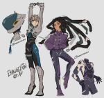  2boys black_hair blonde_hair closed_mouth dreadlocks earrings full_body gachiakuta grey_background hands_in_pockets helmet jabber_wonger jacket jewelry long_hair looking_at_viewer mecha_pilot_suit multiple_boys neon_genesis_evangelion plugsuit_(evangelion) purple_jacket red_eyes simple_background smile stretching tassel unstickymango very_long_hair zanka_nijiku 