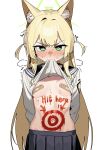  1girl absurdres animal_ear_fluff animal_ears arms_behind_back arrow_(symbol) bandaid bandaids_on_nipples black_skirt blonde_hair blue_archive blush body_writing breasts clothes_lift commentary_request english_text fox_ears green_eyes green_halo halo heart heart-shaped_pupils highres korean_commentary kurumi_(blue_archive) lifting_own_clothes long_hair masochism mouth_hold navel partial_commentary pasties pleated_skirt ruppu shirt shirt_lift simple_background skirt small_breasts solo symbol-shaped_pupils target white_background white_shirt 