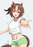  1girl absurdres animal_ears blush breasts brown_eyes brown_hair collarbone commentary_request fukai_asase gaze_on_me!_outfit_(umamusume) green_shorts hair_between_eyes hair_ornament highres horse_ears horse_girl horse_tail looking_at_viewer midriff multicolored_hair navel open_mouth panty_straps pinwheel pinwheel_hair_ornament shirt short_hair shorts skirt smile solo streaked_hair tail tied_shirt umamusume white_hair white_shirt yaeno_muteki_(umamusume) 