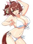  1girl animal_ears arm_up artist_name bikini blush breasts brown_eyes brown_hair cleavage commentary_request dantsu_flame_(umamusume) ear_covers front-tie_bikini_top front-tie_top hair_ornament highres horounendo horse_ears horse_girl horse_tail large_breasts medium_hair multicolored_hair one_eye_closed open_mouth simple_background skindentation smile solo streaked_hair swimsuit tail teeth thighs umamusume upper_teeth_only white_background white_bikini white_streaks 