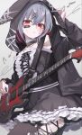  1girl animal_hood armpits artist_name bandaid bandaid_on_face black_hoodie black_thighhighs collarbone colored_inner_hair commentary_request cross-laced_clothes cross-laced_dress dress frilled_dress frills grey_hair guitar hair_ornament highres holding holding_guitar holding_instrument hood hoodie instrument karaoke_manekineko long_sleeves looking_at_viewer mahou_shoujo_no_majo_saiban meimei_(meimei89008309) multicolored_hair nail_polish rabbit_hood red_eyes red_hair red_nails shito_alisa signature simple_background solo stitched_face stitches strapless strapless_dress thighhighs torn_clothes torn_thighhighs twitter_username white_background x_hair_ornament 