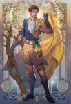  1boy art_nouveau ascot black_boots black_gloves black_shoes boots bow_(weapon) cape claude_von_riegan claude_von_riegan_(timeskip) commentary english_commentary failnaught_(fire_emblem) fan_yang_(jiuge) fire_emblem fire_emblem:_three_houses flower full_body gloves gloves_over_sleeves highres holding holding_bow_(weapon) holding_unworn_cape holding_unworn_clothes holding_weapon looking_at_viewer male_focus quiver rose shoes smile solo star_(symbol) under-elbow_gloves unworn_cape weapon white_ascot yellow_cape 