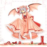  1girl bat_wings blue_hair boots bow bowtie brooch choker closed_mouth commentary_request frilled_skirt frills full_body hat hat_ribbon high_heels holding_own_skirt jewelry looking_at_viewer mangetsu_(yayoi) mob_cap pantyhose pink_hat pink_shirt pink_skirt red_bow red_bowtie red_choker red_eyes red_shoes remilia_scarlet ribbon shirt shoes skirt skirt_set smile solo touhou unworn_boots unworn_shoes white_pantyhose wings 