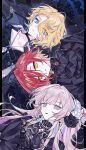  3boys absurdres ascot black_ascot black_flower black_rose black_shirt blonde_hair blonde_streaks blue_eyes blue_gem blue_streaks brooch collared_shirt commentary crossdressing crossdressing_(mtf) earrings flower frilled_ascot frilled_sleeves frills gem gloves goth_fashion hair_flower hair_ornament hair_over_one_eye hanasaki_miyabi hanasaki_miyabi_(9th_costume) highres holostars jewelry kishido_temma kishido_temma_(8th_costume) lace lace_gloves long_hair long_sleeves male_focus mizamimiz multicolored_hair multiple_boys official_alternate_costume red_gem red_hair rose shirt short_hair streaked_hair trap upper_body utsugi_uyu utsugi_uyu_(5th_costume) virtual_youtuber wavy_hair white_flower white_hair white_rose white_shirt yellow_eyes 