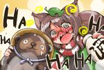  :3 @_@ animal_ears blush brown_hair drunk futatsuiwa_mamizou glasses gourd laughing leaf leaf_on_head raccoon_ears raccoon_tail scarf shinapuu tail tanuki touhou 