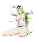  1girl angry anime_coloring armpits bare_shoulders belt black_belt bleach bleach:_sennen_kessen-hen boots breasts breasts_apart buttons candice_catnipp clenched_hand clenched_teeth commentary d: double-breasted elbow_gloves forehead full_body gloves green_eyes green_hair hand_on_ceiling hand_on_wall hat heart_pouch highres jacket large_breasts long_hair looking_at_viewer military_hat navel no_bra on_floor open_clothes open_jacket parted_bangs peaked_cap short_shorts shorts simple_background sitting sleeveless sleeveless_jacket solo spiked_hair suit_jacket teeth thighs trapped twitter_username v-shaped_eyebrows very_long_hair wariza white_background white_boots white_gloves white_hat white_jacket white_shorts yoshino_(laencl) 