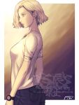  1girl 5tatsu artist_name bandaged_arm bandages black_pants blonde_hair blood blood_on_bandages border breasts commentary_request grace_ashcroft grey_eyes hair_behind_ear highres medium_breasts pants parted_lips resident_evil resident_evil_requiem shirt short_hair short_sleeves solo t-shirt watch white_border white_shirt wristwatch 