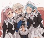 1boy 2girls :d apron armor black_dress blue_eyes blue_hair blush breasts brooch cake character_doll closed_mouth commentary commission commissioner_upload cooperative_handjob doll dress fang felicia_(fire_emblem) ffm_threesome fire_emblem fire_emblem_fates flora_(fire_emblem) food gloved_handjob gloves grey_eyes grey_hair group_sex handjob heart highres jewelry long_hair looking_at_another maid maid_apron maid_headdress male_corrin_(fire_emblem) medium_breasts multiple_girls nohrian_maid_uniform open_mouth penis pink_hair pointy_ears precum red_eyes siblings sisters skin_fang slit_pupils smile stealth_handjob stealth_sex symoca teamwork_(sexual) threesome twins very_long_hair 
