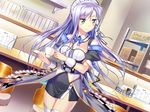  1girl aozora_stripe blue_eyes cup female game_cg long_hair piromizu purple_hair solo tray tsuruno_satsuki 